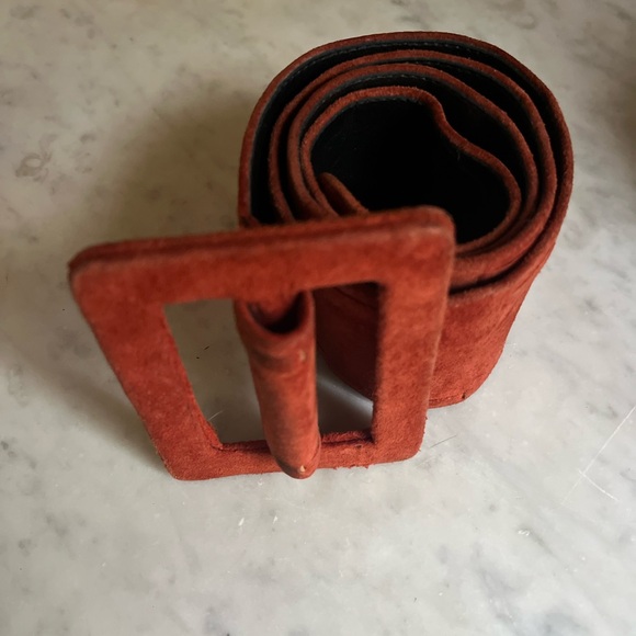 VTG 80s Bibo Folk Flowerchild Avant Garde Boho Hippie Orange Wide Suede Belt M - Picture 7 of 8